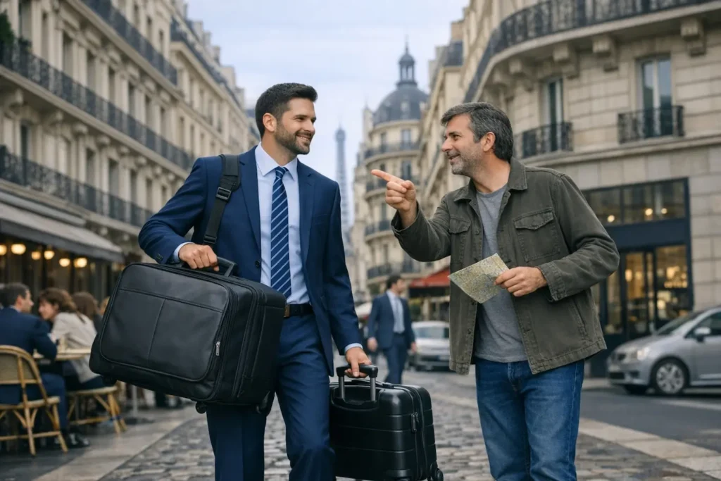 Professional using secure luggage storage in Paris