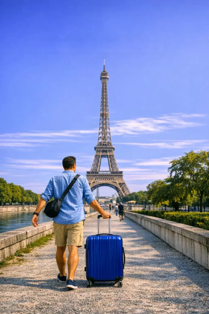 Traveler walking in a sunny Paris street with a blue suitcase looking for luggage storage